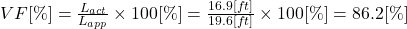 VF [\%] = \frac{L_{act}}{L_{app}} \times 100 [\%] = \frac{16.9[ft]}{19.6[ft]} \times 100 [\%] = 86.2 [\%]