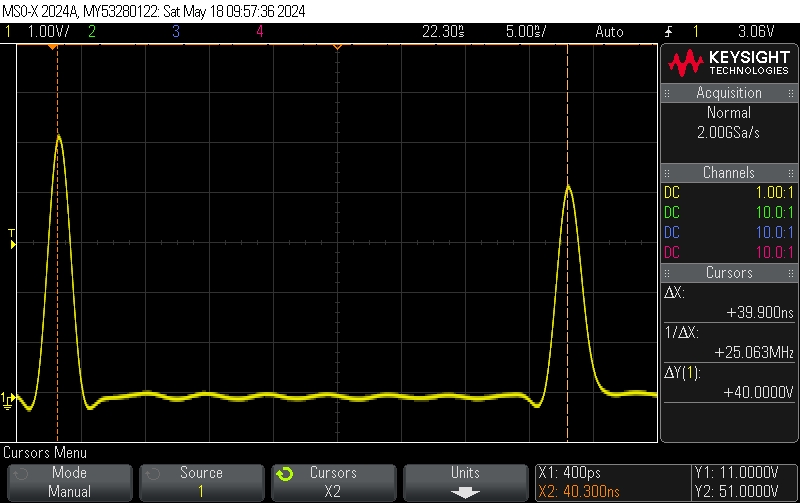 A screenshot of an oscilloscope trace showing 39 nanoseconds between pulses