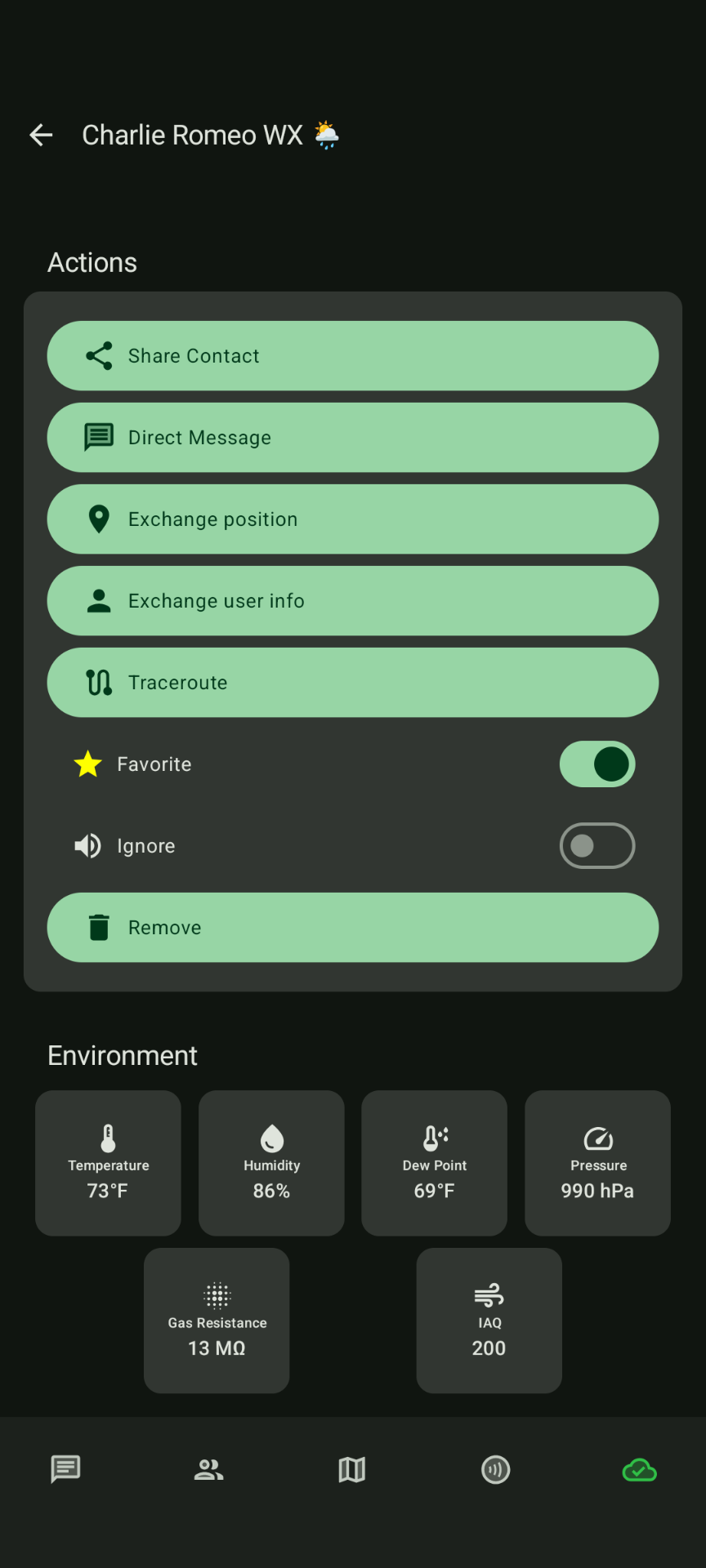 A screen capture showing Chris' weather node displaying current conditions in the Meshtastic app